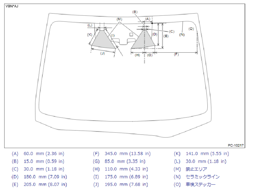 VN型レヴォーグ アイサイトXの場合（フロントガラス外側から見た図）