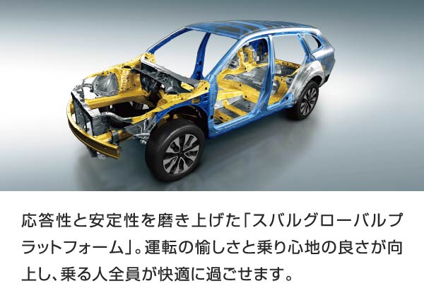 応答性と安定性を磨き上げた「スバルグローバルプラットフォーム」。運転の愉しさと乗り心地の良さが向上し、乗る人全員が快適に過ごせます。
