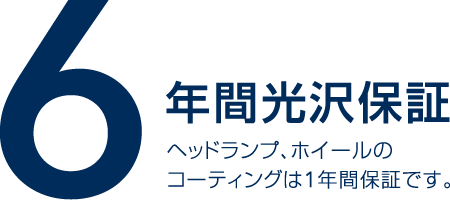 6年間光沢保証 ヘッドランプ、ホイールのコーティングは1年間保証です。